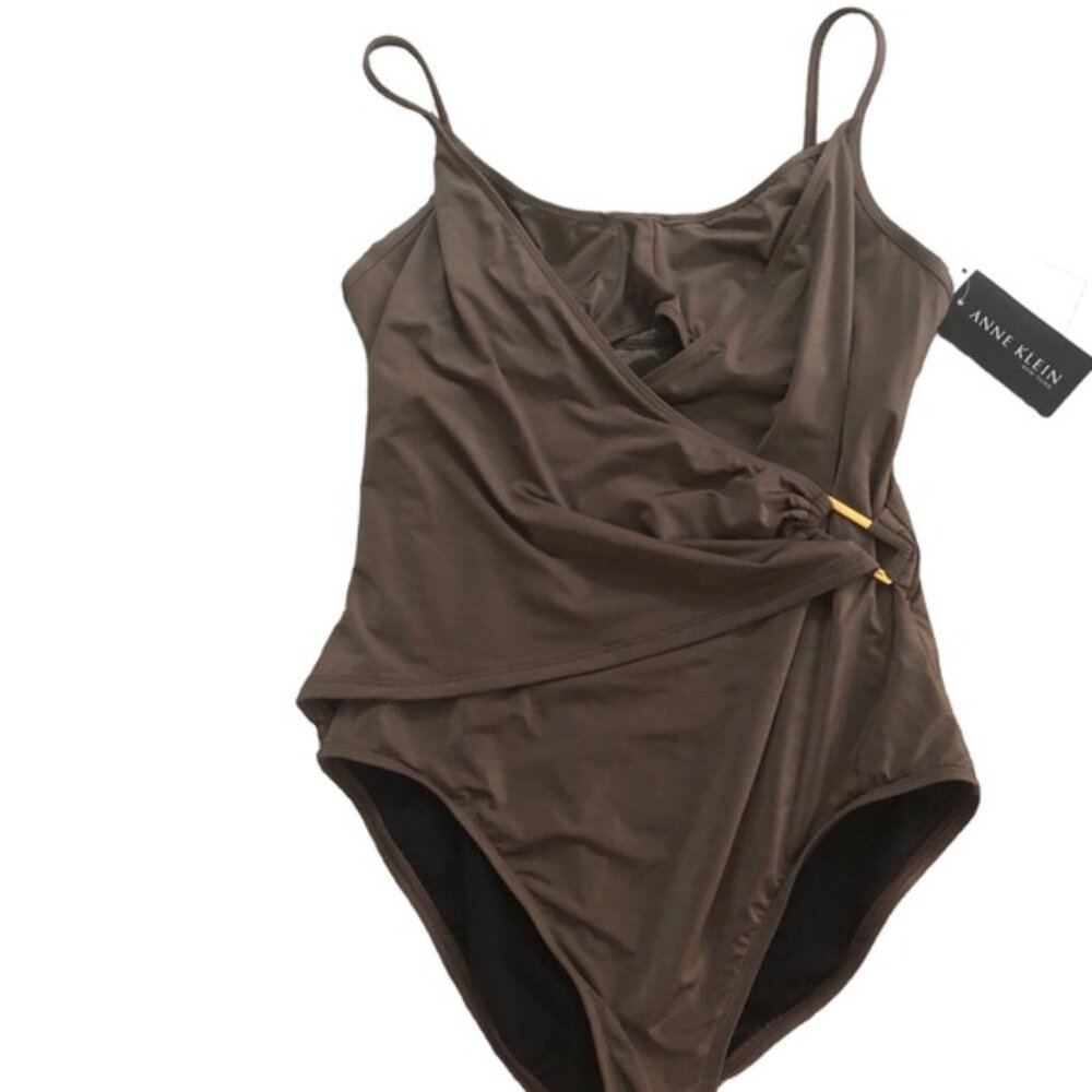 Anne Klein swimsuit one piece cut out detail shirring at waist high cut leg